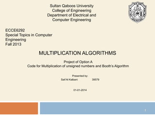 MULTIPLICATION ALGORITHMS
Project of Option A
Code for Multiplication of unsigned numbers and Booth’s Algorithm
Presented by:
Saif Al Kalbani 39579
01-01-2014
ECCE6292
Special Topics in Computer
Engineering
Fall 2013
1
Sultan Qaboos University
College of Engineering
Department of Electrical and
Computer Engineering
 