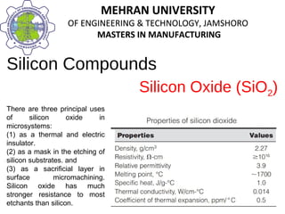 MEHRAN UNIVERSITY
OF ENGINEERING & TECHNOLOGY, JAMSHORO
MASTERS IN MANUFACTURING
MEHRAN UNIVERSITY
OF ENGINEERING & TECHNOLOGY, JAMSHORO
MASTERS IN MANUFACTURING
Silicon Compounds
There are three principal uses
of silicon oxide in
microsystems:
(1) as a thermal and electric
insulator.
(2) as a mask in the etching of
silicon substrates. and
(3) as a sacrificial layer in
surface micromachining.
Silicon oxide has much
stronger resistance to most
etchants than silicon.
Silicon Oxide (SiO2)
 