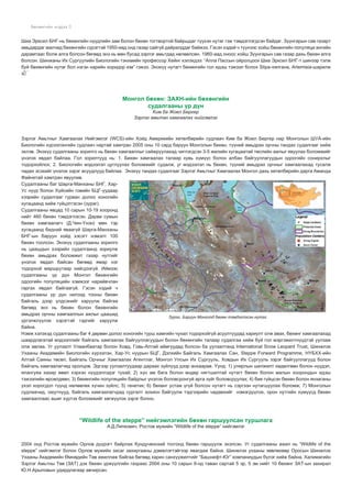 Áºõºíãèéí ìýäýý
Øèà Ýðêñèë ÁÍÃ-íü áºõºíãèéí í¿¿äëèéí çàì áîëîí áºõºí òîãòâîðòîé áàéðøäàã ò¿¿õýí íóòàã ãýæ òýìäýãëýãäñýí áàéäàã. Ç¿¿íãàðûí ñàâ ãàçàðò
àìüäàðäàã ìàë÷èä áºõºíãèéí ñ¿ðýãòýé 1950-èàä îíä ãàçàð ñàéã¿é äàéðàëääàã áàéæýý. Ãýñýí õýäèé ÷ ò¿¿íýýñ õîéø áºõºíãèéí ïîïóëÿöè àíãèéí
äàðàìòààñ áîëæ àëãà áîëñîí áºãººä ýíý íü ìºí áóñàä çýðëýã àìüòäàä íºëººëñºí. 1960-ààä îíîîñ õîéø Ç¿¿íãàðûí ñàâ ãàçàð äàõü áºõºí àëãà
áîëñîí. Øèíæàíû Èõ Ñóðãóóëèéí Áèîëîãèéí òýíõìèéí ïðîôåññîð Õåéíã õýëýõäýý: “Àëëà Ïàññûí îéðîëöîîõ Øèà Ýðêñèë ÁÍÃ-ò øèíýýð òýëæ
áóé áºõºíãèéí íóòàã áîë íýãýí íàðèéí êîðèäîð þì” ãýæýý. Ýíýõ¿¿ íóòàãò áºõºíãèéí ãîë èäýø òýæýýë áîëîõ Stipa-õÿëãàíà, Artemisia-øàðèëæ
ç

Ìîíãîë áºõºí: ÇÀÕÍ-èéí áºõºíãèéí
ñóäàëãààíû ¿ð ä¿í
Êèì áà Æîåë Áåðãåð
Çýðëýã àìüòàí õàìãààëàõ íèéãýìëýã

Çýðëýã Àìüòíûã Õàìãààëàõ Íèéãýìëýã (WCS)-èéí Õîéä Àìåðèêèéí õºòºëáºðèéí ñóäëàà÷ Êèì áà Æîåë Áåðãåð íàð Ìîíãîëûí ØÓÀ-èéí
Áèîëîãèéí õ¿ðýýëýíãèéí ñóäëàà÷ íàðòàé õàìòðàí 2005 îíû 10 ñàðä áàðóóí Ìîíãîëûí áºõºí, ò¿¿íèé àìüäðàõ îð÷íû òàíäàõ ñóäàëãààã õèéæ
ýõëýâ. Ýíýõ¿¿ ñóäàëãààíû çîðèëãî íü áºõºí õàìãààëëûã ñàéæðóóëàõàä ÷èãëýãäñýí 3-5 æèëèéí õóãàöààòàé òºñëèéí àæëûã ÿâóóëàõ áîëîìæèéã
¿íýëýõ ÿâäàë áàéëàà. Ãîë çîðèëòóóä íü: 1. Áºõºí õàìãààëàõ òàëààð õóâü õ¿ì¿¿ñ áîëîí àëáàí áàéãóóëëàãóóäûí îäîîãèéí ñîíèðõëûã
òîäîðõîéëîõ; 2. Áèîëîãèéí ìýäýýëýë öóãëóóëàõ áîëîìæèéã ñóäàëæ, óã ìýäýýëýë íü áºõºí, ò¿¿íèé àìüäðàõ îð÷íûã õàìãààëàõàä òóñàëæ
÷àäàõ ýñýõèéã ¿íýëýõ çýðýã àñóóäëóóä áàéëàà. Ýíýõ¿¿ òàíäàõ ñóäàëãààã Çýðëýã Àìüòíûã Õàìãààëàõ Ìîíãîë äàõü õºòºëáºðèéí äàðãà Àìàíäà
Ôàéíåòàé õàìòðàí ÿâóóëàâ.
Ñóäàëãààíû áàã Øàðãà-Ìàíõàíû ÁÍÃ, ÕàðÓñ íóóð áîëîí Õ¿éñèéí ãîâèéí ÁÖÃ-óóäààð
õýýðèéí ñóäàëãààã ãóðâàí äîëîî õîíîãèéí
õóãàöààíä õèéæ ã¿éöýòãýñýí (çóðàã).
Ñóäàëãààíû ÿâöàä 10 ñàðûí 10-19 õîîðîíä
íèéò 460 áºõºí òýìäýãëýñýí. Äàðâè ñóìûí
áºõºí õàìãààëàã÷ (Ä.×èí-¯íýí) ìºí òýð
õóãàöààíä áèäíèé ÿâààã¿é Øàðãà-Ìàíõàíû
ÁÍÃ-ûí áàðóóí õîéä õýñýãò íýìýëò 100
áºõºí òîîëñîí. Ýíýõ¿¿ ñóäàëãààíû çîðèëãî
íü öààøäûí õýýðèéí ñóäàëãààíä çîðèóëæ
áºõºí àìüäðàõ áîëîìæèò ãàçàð íóòãèéã
¿íýëýõ ÿâäàë áàéñàí áºãººä ÿìàð íýã
òîäîðõîé ìàðøðóòààð õèéãäýýã¿é. Èéìýýñ
ñóäàëãààíû ¿ð ä¿í Ìîíãîë áºõºíãèéí
îäîîãèéí ïîïóëÿöèéí õýìæýýã íàðèéâ÷ëàí
ãàðãàõ ÿâäàë áàéãààã¿é. Ãýñýí õýäèé ÷
ñóäàëãààíû ¿ð ä¿í íèëýýä òîîíû áºõºí
áàéãàëü äýýð ¿ëäñýíèéã õàðóóëæ áàéãàà
áºãººä ýíý íü áºõºí áîëîí áºõºíãèéí
àìüäðàõ îð÷íû õàìãààëëûí àæëûã öààøèä
Çóðàã. Áàðóóí Ìîíãîëä áºõºí òýìäýãëýñýí íóòàã
¿ðãýëæë¿¿ëýõ õýðýãòýé ãýäãèéã õàðóóëæ
áàéíà.
Íýìæ õýëýõýä ñóäàëãààíû áàã 4 äºðâºí äîëîî õîíîãèéí òóðø õàìãèéí ÷óõàë òîäîðõîéã¿é àñóóëòóóäàä õàðèóëò îëæ àâàõ, áºõºíã õàìãààëàõàä
øààðäëàãàòàé ìýäýýëëèéã áàéãàëü õàìãààëàõ áàéãóóëëàãóóäûí áîëîí áºõºíãèéí òàëààð ñóäàëãàà õèéæ áóé ãîë ìýðãýæèëòí¿¿äòýé óóëçàæ
îëæ àâëàà. Óã óóëçàëò Óëààíáààòàð áîëîí Õîâä, Ãîâü-Àëòàé àéìãóóäàä áîëñîí áà óóëçàëòàíä International Snow Leopard Trust, Øèíæëýõ
Óõààíû Àêàäåìèéí Áèîëîãèéí õ¿ðýýëýí, Õàð-Óñ íóóðûí ÁÖÃ, Äýëõèéí Áàéãàëü Õàìãààëàõ Ñàí, Steppe Forward Programme, Í¯ÁÕÕ-èéí
Àëòàé Ñàÿíû òºñºë, Áàéãàëü Îð÷íûã Õàìãààëàõ Àãåíòëàã, Ìîíãîë Óëñûí Èõ Ñóðãóóëü, Õîâäûí Èõ Ñóðãóóëü çýðýã áàéãóóëëàãóóä áîëîí
áàéãàëü õàìãààëàã÷èä îðîëöîâ. Ýäãýýð óóëçàëòóóäààð äàðààõ ç¿éë¿¿ä äýýð àíõààðàâ. ¯¿íä: 1) óëèðëûí øèëæèëò õºäºëãººí áîëîí í¿¿äýë,
ÿëàíãóÿà õàõèð ºâºë õýðõýí í¿¿äýëëýäýã òóõàé; 2) õ¿í àì áàãà áîëîí ºíäºð íÿãòøèëòàé íóòàãò áºõºí áîëîí ìàëûí õîîðîíäûí èäýø
òýæýýëèéí ºðñºëäººí; 3) áºõºíãèéí ïîïóëÿöèéí áàéäëûã ¿íýëýõ áîëîâñðîíãóé àðãà ç¿éã áîëîâñðóóëàõ; 4) áèå ã¿éöñýí áºõºí áîëîí ÿíçàãàíû
¿õýë õîðîãäîë ò¿¿íä íºëººëºõ õ¿÷èí ç¿éëñ; 5) ãåíåòèê; 6) áºõºíã óñòàæ ¿ã¿é áîëñîí íóòàãò íü ñýðãýýí íóòàãøóóëàõ áîëîìæ; 7) Ìîíãîëûí
ñóäëàà÷èä, îþóòíóóä, áàéãàëü õàìãààëàã÷äàä ñóðãàëò çîõèîí áàéãóóëæ òýäãýýðèéí ÷àäàâõèéã íýìýãä¿¿ëýõ, îðîí íóòãèéí õ¿ì¿¿ñä áºõºí
õàìãààëëààñ àøèã õ¿ðòýõ áîëîìæèéã õºãæ¿¿ëýõ çýðýã áîëíî.

“Wildlife of the steppe” íèéãýìëýãèéí áºõºí ãàðøóóëñàí òóðøëàãà
À.Ä.Ëèïêîâè÷. Ðîñòîâ ìóæèéí “Wildlife of the steppe” íèéãýìëýã

2004 îíä Ðîñòîâ ìóæèéí Îðëîâ ä¿¿ðýãò áàéðëàõ Êóíäó÷åíñêèé òîñãîíä áºõºí ãàðøóóëæ ýõýëñýí. Óã ñóäàëãààíû àæèë íü “Wildlife of the
steppe” íèéãýìëýã áîëîí Îðëîâ ìóæèéí çàñàã çàõèðãààíû äýìæëýãòýéãýýð ÿâàãäàæ áàéíà. Øèíæëýõ óõààíû çºâëºõººð Îðîñûí Øèíæëýõ
Óõààíû Àêàäåìèéí ªìíºäèéí Òºâ àæèëëàæ áàéãàà áºãººä õàðèí ñàíõ¿¿æèëòèéã “Áàøíåôò-Þã” êîìïàíèóäûí á¿ëýã õèéæ áàéíà. Õàëèìàãèéí
Çýðëýã Àìüòíû Òºâ (ÇÀÒ) äýõ áºõºí ¿ðæ¿¿ëãèéí ãàçðààñ 2004 îíû 10 ñàðûí 9-íä òàâàí ñàðòàé 5 ýð, 5 ýì íèéò 10 áºõºíã ÇÀÒ-ûí çàõèðàë
Þ.Í.Àðûëîâûí óäèðäëàãààð àâ÷èðñàí.

 