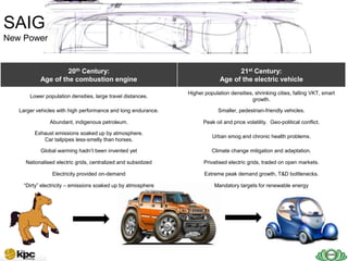 SAIG
New Power


                    20th Century:                                                  21st Century:
           Age of the combustion engine                                      Age of the electric vehicle
                                                               Higher population densities, shrinking cities, falling VKT, smart
       Lower population densities, large travel distances.
                                                                                          growth.

   Larger vehicles with high performance and long endurance.                Smaller, pedestrian-friendly vehicles.

               Abundant, indigenous petroleum.                       Peak oil and price volatility. Geo-political conflict.

         Exhaust emissions soaked up by atmosphere.
                                                                         Urban smog and chronic health problems.
            Car tailpipes less-smelly than horses.

           Global warming hadn’t been invented yet                       Climate change mitigation and adaptation.

     Nationalised electric grids, centralized and subsidized          Privatised electric grids, traded on open markets.

                Electricity provided on-demand                        Extreme peak demand growth, T&D bottlenecks.

    ―Dirty‖ electricity – emissions soaked up by atmosphere               Mandatory targets for renewable energy
 