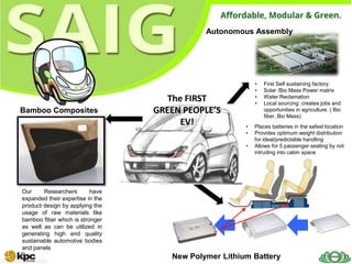 Autonomous Assembly




                                                           •   First Self sustaining factory.
                                                           •   Solar /Bio Mass Power matrix
                                                           •
                                     The FIRST             •
                                                               Water Reclamation
                                                               Local sourcing: creates jobs and
Bamboo Composites                 GREEN PEOPLE’S               opportunities in agriculture. ( Bio
                                                               fiber, Bio Mass)
                                        EV!            •   Places batteries in the safest location
                                                       •   Provides optimum weight distribution
                                                           for ideal/predictable handling
                                                       •   Allows for 5 passenger seating by not
                                                           intruding into cabin space




Our     Researchers       have
expanded their expertise in the
product design by applying the
usage of raw materials like
bamboo fiber which is stronger
as well as can be utilized in
generating high end quality
sustainable automotive bodies
and panels
                                     New Polymer Lithium Battery
 