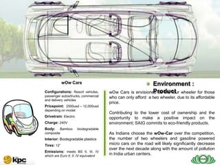 SAIG company profile…



SAIG
Today

                     wOw Cars                                       Environment :
        Configurations: Resort vehicles,                            Product
                                               wOw Cars is envisioned as the four wheeler for those
        passenger autos/trucks, commercial     who can only afford a two wheeler, due to its affordable
        and delivery vehicles
                                               price.
        Pricepoint: 2500usd – 12,000usd
        depending on model
                                               Contributing to the lower cost of ownership and the
        Drivetrain: Electric                   opportunity to make a positive impact on the
        Charge: 240V                           environment; SAIG commits to eco-friendly products.
        Body:    Bamboo        biodegradable
        composite                              As Indians choose the wOw-Car over the competition,
        Interior: Biodegradable plastics       the number of two wheelers and gasoline powered
        Tires: 12‖                             micro cars on the road will likely significantly decrease
                                               over the next decade along with the amount of pollution
        Emissions: meets BS II, III, IV
        which are Euro II, II, IV equivalent
                                               in India urban centers.
 