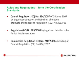 Rules and Regulations - form the Certification
Standards
• Council Regulation (EC) No. 834/2007 of 28 June 2007
on organic production and labelling of organic
products and repealing Regulation (EEC) No 2092/91
• Regulation (EC) No 889/2008 laying down detailed rules
for it’s implementation
• Commission Regulation (EC) No. 710/2009 amending of
Council Regulation (EC) No 834/2007
 