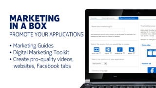 MARKETING
IN A BOX
PROMOTE YOUR APPLICATIONS
• Marketing Guides
• Digital Marketing Toolkit
• Create pro-quality videos,
websites, Facebook tabs
 