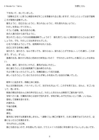 3
A Wonderful Table. 矢野ヒカ
向い い い
姿勢 正 言う 背 伸 想像 思い わ 逆 猫背
理想 姿勢
隠 う 目立 い う 見 い う 何 言わ い う
わ 見 い い
ういう姿勢 後 向 心情
人 目 逃 う
見 い いう 自意識過剰 う ？ 誰 見 い い 開 直 楽
う わ 出来
心 入 替え う 結局背中 丸
自己 対 保身 嫌悪
変わ う 変わ う 思 変わ い 変わ い い 通
普通 生活 誰 見 色 味気 い ？ わ 選 出来
い
嫌 変わ い 勇気 出 いわ
前 う 足 結局真 踏 降
今 悪 う う 危機回避 いう 逃避
新 う い わ 新 拒 い 自分 嫌い
朝早 起 両親 妹 挨拶
私 対象的 妹 ハキハキ い 友 沢山い 子 見 ほ い
思い
朝食 間 妹 声 ほ わ 父 無言 飯 食
学校 行 付属校 妹 途中 別 学校 楽 仕方 い いう顔 いい
校 授業 受
昼休
午後 授業
放課後
帰宅
基 的 学校 言葉 1 間 い無口 基 授業 当 必
要 口 開
わ 日常
誰 話 い い ク スメイ 会話 耳 傾 い い
 