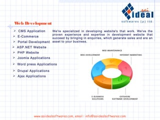  CMS Application
 Portal Development
 ASP.NET Website
 PHP Website
 Joomla Applications
 Ajax Applications
 E-Commerce
Web Development
We're specialized in developing website's that work. We've the
proven experience and expertise in development website that
succeed by bringing in enquiries, which generate sales and are an
asset to your business.
www.saiidealsoftwares.com, email : info@saiidealsoftwares.com
 Drupal Applications
 Word press Applications
 