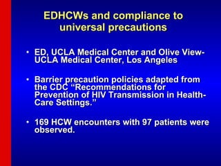 EDHCWs and compliance to universal precautions ED, UCLA Medical Center and Olive View-UCLA Medical Center, Los Angeles  Barrier precaution policies adapted from the CDC “Recommendations for Prevention of HIV Transmission in Health-Care Settings.”  169 HCW encounters with 97 patients were observed.  