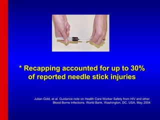 * Recapping accounted for up to 30% of reported needle stick injuries Julian Gold, et al. Guidance note on Health Care Worker Safety from HIV and other  Blood Borne Infections. World Bank, Washington, DC, USA, May 2004 