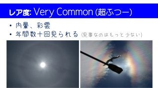 レア度: Very Common (超ふつー)
• 内暈、彩雲
• 年間数十回見られる (見事なのはもっと少ない)
 