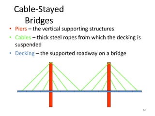 Cable-Stayed
Bridges
• Piers – the vertical supporting structures
• Cables – thick steel ropes from which the decking is
suspended
• Decking – the supported roadway on a bridge
12
 