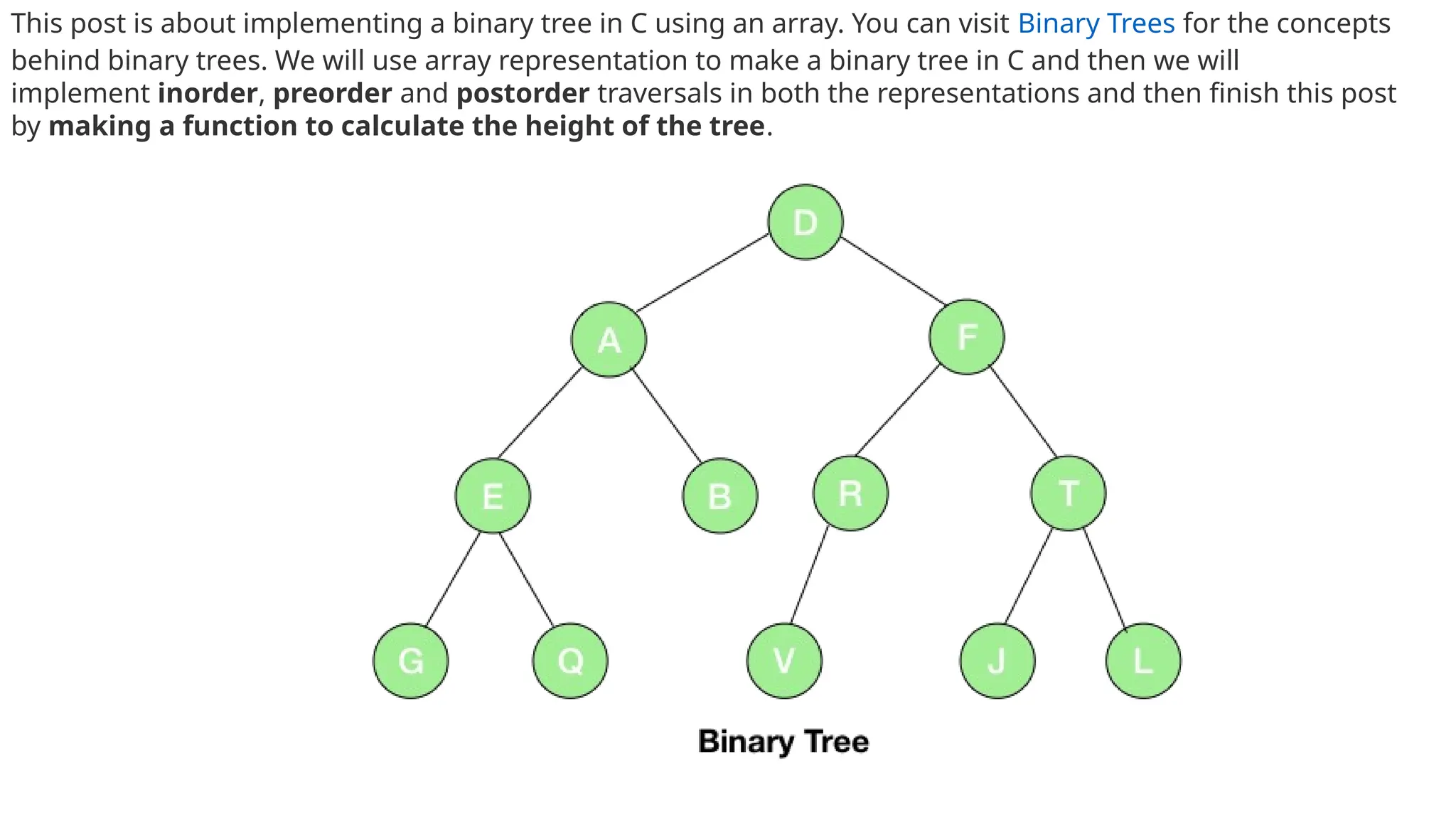 n C : Array Representation and Traversals
This post is about implementing a binary tree in C using an array. You can visit Binary Trees for the concepts
behind binary trees. We will use array representation to make a binary tree in C and then we will
implement inorder, preorder and postorder traversals in both the representations and then finish this post
by making a function to calculate the height of the tree.
 