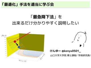 Vb「最適化」手法を適当に学ぶ会
「最急降下法」を
出来るだけ分かりやすく説明したい
けんゆー @kenyu0501_
　山口大学大学院 博士課程/ 学術研究員/
 