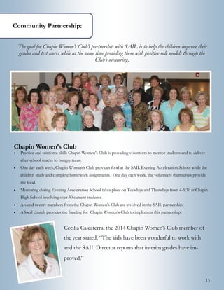 13
The goal for Chapin Women’s Club’s partnership with SAIL is to help the children improve their
grades and test scores while at the same time providing them with positive role models through the
Club’s mentoring.
Chapin Women’s Club
 Practice and reinforce skills Chapin Women’s Club is providing volunteers to mentor students and to deliver
after-school snacks to hungry teens.
 One day each week, Chapin Women’s Club provides food at the SAIL Evening Acceleration School while the
children study and complete homework assignments. One day each week, the volunteers themselves provide
the food.
 Mentoring during Evening Acceleration School takes place on Tuesdays and Thursdays from 4-5:30 at Chapin
High School involving over 30 current students.
 Around twenty members from the Chapin Women’s Club are involved in the SAIL partnership.
 A local church provides the funding for Chapin Women’s Club to implement this partnership.
Cecilia Calcaterra, the 2014 Chapin Women’s Club member of
the year stated, “The kids have been wonderful to work with
and the SAIL Director reports that interim grades have im-
proved.”
Community Partnership:
 