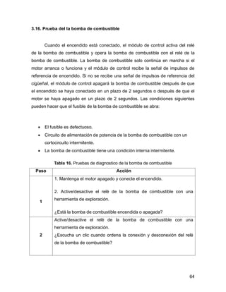 64
3.16. Prueba del la bomba de combustible
Cuando el encendido está conectado, el módulo de control activa del relé
de la bomba de combustible y opera la bomba de combustible con el relé de la
bomba de combustible. La bomba de combustible solo continúa en marcha si el
motor arranca o funciona y el módulo de control recibe la señal de impulsos de
referencia de encendido. Si no se recibe una señal de impulsos de referencia del
cigüeñal, el módulo de control apagará la bomba de combustible después de que
el encendido se haya conectado en un plazo de 2 segundos o después de que el
motor se haya apagado en un plazo de 2 segundos. Las condiciones siguientes
pueden hacer que el fusible de la bomba de combustible se abra:
 El fusible es defectuoso.
 Circuito de alimentación de potencia de la bomba de combustible con un
cortocircuito intermitente.
 La bomba de combustible tiene una condición interna intermitente.
Tabla 16. Pruebas de diagnostico de la bomba de combustible
Paso Acción
1
1. Mantenga el motor apagado y conecte el encendido.
2. Active/desactive el relé de la bomba de combustible con una
herramienta de exploración.
¿Está la bomba de combustible encendida o apagada?
2
Active/desactive el relé de la bomba de combustible con una
herramienta de exploración.
¿Escucha un clic cuando ordena la conexión y desconexión del relé
de la bomba de combustible?
 
