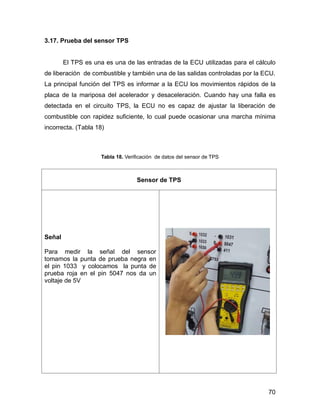 70
3.17. Prueba del sensor TPS
El TPS es una es una de las entradas de la ECU utilizadas para el cálculo
de liberación de combustible y también una de las salidas controladas por la ECU.
La principal función del TPS es informar a la ECU los movimientos rápidos de la
placa de la mariposa del acelerador y desaceleración. Cuando hay una falla es
detectada en el circuito TPS, la ECU no es capaz de ajustar la liberación de
combustible con rapidez suficiente, lo cual puede ocasionar una marcha mínima
incorrecta. (Tabla 18)
Tabla 18. Verificación de datos del sensor de TPS
Sensor de TPS
Señal
Para medir la señal del sensor
tomamos la punta de prueba negra en
el pin 1033 y colocamos la punta de
prueba roja en el pin 5047 nos da un
voltaje de 5V
 