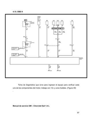 97
4.15. OBD II
Toma de diagnóstico que sirve para ingresar el equipo para verificar cada
uno de los componentes del motor, trabaja con 12v y unos fusibles. (Figura 49)
.
Manual de servicio GM – Chevrolet Sail 1.4 L
 