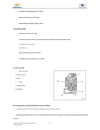 24
Formación Chevrolet 2010 nueva vela Nueva Técnica
- Manual del alumno
Temperatura de anticongelante ( TEC ) Sensor
Temperatura de anticongelante ( TEC ) Sensor
Temperatura de anticongelante ( TEC ) Sensor
Temperatura de anticongelante ( TEC ) Sensor
Temperatura de anticongelante ( TEC ) Sensor
Posición del árbol de levas ( CMP ) Sensor
Posición del árbol de levas ( CMP ) Sensor
Posición del árbol de levas ( CMP ) Sensor
Posición del árbol de levas ( CMP ) Sensor
Posición del árbol de levas ( CMP ) Sensor
Presión absoluta del múltiple ( MAPA ) Sensor
Presión absoluta del múltiple ( MAPA ) Sensor
Presión absoluta del múltiple ( MAPA ) Sensor
Presión absoluta del múltiple ( MAPA ) Sensor
Presión absoluta del múltiple ( MAPA ) Sensor
2.5.2 salida de ECM
2.5.2 salida de ECM
Control de aire de ralentí ( IAC ) Motor
Control de aire de ralentí ( IAC ) Motor
Control de aire de ralentí ( IAC ) Motor
Control de aire de ralentí ( IAC ) Motor
Control de aire de ralentí ( IAC ) Motor
emisiones de evaporación ( EVAP ) De purga del cánister válvula de solenoide controlada por módulos de control
emisiones de evaporación ( EVAP ) De purga del cánister válvula de solenoide controlada por módulos de control
emisiones de evaporación ( EVAP ) De purga del cánister válvula de solenoide controlada por módulos de control
emisiones de evaporación ( EVAP ) De purga del cánister válvula de solenoide controlada por módulos de control
emisiones de evaporación ( EVAP ) De purga del cánister válvula de solenoide controlada por módulos de control
Aire acondicionado relé del ventilador de
refrigeración del relé
Sensor de velocidad del vehículo ( VSS ) Salida
Sensor de velocidad del vehículo ( VSS ) Salida
Sensor de velocidad del vehículo ( VSS ) Salida
Sensor de velocidad del vehículo ( VSS ) Salida
Sensor de velocidad del vehículo ( VSS ) Salida
Luz indicadora de mal funcionamiento ( MIL ) Controlar
Luz indicadora de mal funcionamiento ( MIL ) Controlar
Luz indicadora de mal funcionamiento ( MIL ) Controlar
Luz indicadora de mal funcionamiento ( MIL ) Controlar
Luz indicadora de mal funcionamiento ( MIL ) Controlar
2.5.3 Válvula de EGR
2.5.3 Válvula de EGR
1. Sensor de posición
2. Asamblea de la bobina
2. Asamblea de la bobina
3. Base
3. Base
4. Pivote
5. Entrada de escape
5. Entrada de escape
6. Armadura
6. Armadura
2.5.4 Programación y Ajuste del Módulo de Control del Motor
2.5.4 Programación y Ajuste del Módulo de Control del Motor
Los siguientes programas de mantenimiento necesitan ser programados o conjunto para completar la reparación.
El reemplazo del módulo de control del motor: si el módulo de control del motor ( ECM ) se sustituye, a continuación, los siguientes programas deben ser
El reemplazo del módulo de control del motor: si el módulo de control del motor ( ECM ) se sustituye, a continuación, los siguientes programas deben ser
El reemplazo del módulo de control del motor: si el módulo de control del motor ( ECM ) se sustituye, a continuación, los siguientes programas deben ser
El reemplazo del módulo de control del motor: si el módulo de control del motor ( ECM ) se sustituye, a continuación, los siguientes programas deben ser
El reemplazo del módulo de control del motor: si el módulo de control del motor ( ECM ) se sustituye, a continuación, los siguientes programas deben ser
ejecutadas:
 