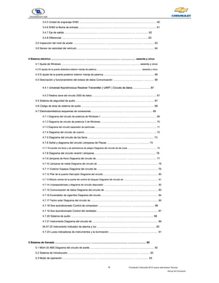 III Formación Chevrolet 2010 nueva vela Nueva Técnica
- Manual del Participante
3.4.5 Unidad de engranaje SH63 ............................................... .................................................. ............. 60
3.4.5 Unidad de engranaje SH63 ............................................... .................................................. ............. 60
3.4.6 SH63 la flecha de entrada ............................................... .................................................. ........... 61
3.4.6 SH63 la flecha de entrada ............................................... .................................................. ........... 61
3.4.7 Eje de salida ................................................ .................................................. ................. 62
3.4.7 Eje de salida ................................................ .................................................. ................. 62
3.4.8 Diferencial ................................................. .................................................. ................... 63
3.4.8 Diferencial ................................................. .................................................. ................... 63
3.5 Inspección del nivel de aceite ............................................... .................................................. ................ 63
3.5 Inspección del nivel de aceite ............................................... .................................................. ................ 63
3.6 Sensor de velocidad del vehículo ............................................... .................................................. ............ 64
3.6 Sensor de velocidad del vehículo ............................................... .................................................. ............ 64
4 Sistema eléctrico .................................................. .................................................. ...................... sesenta y cinco
4 Sistema eléctrico .................................................. .................................................. ...................... sesenta y cinco
4 Sistema eléctrico .................................................. .................................................. ...................... sesenta y cinco
4.1 Ajuste de Windows ................................................ .................................................. ............. sesenta y cinco
4.1 Ajuste de Windows ................................................ .................................................. ............. sesenta y cinco
4.2 El ajuste de la puerta delantera exterior manija de palanca ........................................... ............................. sesenta y cinco
4.2 El ajuste de la puerta delantera exterior manija de palanca ........................................... ............................. sesenta y cinco
4.3 El ajuste de la puerta posterior exterior manija de palanca ........................................... ............................. 66
4.3 El ajuste de la puerta posterior exterior manija de palanca ........................................... ............................. 66
4.4 Descripción y funcionamiento del enlace de datos Comunicación ........................................... .............. 66
4.4 Descripción y funcionamiento del enlace de datos Comunicación ........................................... .............. 66
4.4.1 Universal Asynchronous Receiver Transmitter ( UART ) Circuito de datos ........................ 67
4.4.1 Universal Asynchronous Receiver Transmitter ( UART ) Circuito de datos ........................ 67
4.4.1 Universal Asynchronous Receiver Transmitter ( UART ) Circuito de datos ........................ 67
4.4.1 Universal Asynchronous Receiver Transmitter ( UART ) Circuito de datos ........................ 67
4.4.1 Universal Asynchronous Receiver Transmitter ( UART ) Circuito de datos ........................ 67
4.4.1 Universal Asynchronous Receiver Transmitter ( UART ) Circuito de datos ........................ 67
4.4.2 Palabra clave del circuito 2000 de datos .............................................. ................................................ 67
4.4.2 Palabra clave del circuito 2000 de datos .............................................. ................................................ 67
4.5 Sistema de seguridad de audio ............................................... .................................................. ........... 67
4.5 Sistema de seguridad de audio ............................................... .................................................. ........... 67
4.6 Código de área de sistema de audio ............................................. .................................................. ..... 68
4.6 Código de área de sistema de audio ............................................. .................................................. ..... 68
4.7 Electrodomésticos esquemas de conexiones .............................................. ...................................... 69
4.7 Electrodomésticos esquemas de conexiones .............................................. ...................................... 69
4.7.1 Diagrama del circuito de potencia de Windows 1 ............................................. .................................... 69
4.7.1 Diagrama del circuito de potencia de Windows 1 ............................................. .................................... 69
4.7.2 Diagrama de circuito de potencia 2 de Windows ............................................. .................................... 70
4.7.2 Diagrama de circuito de potencia 2 de Windows ............................................. .................................... 70
4.7.3 Diagrama del circuito separador de partículas ............................................... ................................................ 71
4.7.3 Diagrama del circuito separador de partículas ............................................... ................................................ 71
4.7.4 Diagrama del circuito de cuerno ............................................... .................................................. .... 72
4.7.4 Diagrama del circuito de cuerno ............................................... .................................................. .... 72
4.7.5 Diagrama del circuito de los faros ............................................... ............................................ 73
4.7.5 Diagrama del circuito de los faros ............................................... ............................................ 73
4.7.6 Señal y diagrama del circuito Lámparas de Placas ........................................... ............... 74
4.7.6 Señal y diagrama del circuito Lámparas de Placas ........................................... ............... 74
4.7.7 Encender los faros y de advertencia de peligro Diagrama del circuito de las luces .......................................... .... 75
4.7.7 Encender los faros y de advertencia de peligro Diagrama del circuito de las luces .......................................... .... 75
4.7.8 Diagrama del circuito revertir Lámparas .............................................. ...................................... 76
4.7.8 Diagrama del circuito revertir Lámparas .............................................. ...................................... 76
4.7.9 Lámparas de freno Diagrama del circuito de .............................................. .......................................... 77
4.7.9 Lámparas de freno Diagrama del circuito de .............................................. .......................................... 77
4.7.10 Lámparas de niebla Diagrama del circuito de .............................................. ............................................. 78
4.7.10 Lámparas de niebla Diagrama del circuito de .............................................. ............................................. 78
4.7.11 Exterior Espejos Diagrama del circuito de .............................................. ....................................... 79
4.7.11 Exterior Espejos Diagrama del circuito de .............................................. ....................................... 79
4.7.12 Pilar de la puerta Interruptor Diagrama del circuito ............................................. .................................... 80
4.7.12 Pilar de la puerta Interruptor Diagrama del circuito ............................................. .................................... 80
4.7.13 Módulo central de la puerta del control de bloqueo Diagrama del circuito de ........................................... ............ 81
4.7.13 Módulo central de la puerta del control de bloqueo Diagrama del circuito de ........................................... ............ 81
4.7.14 Limpiaparabrisas y diagrama de circuito depurador ............................................. .................................... 82
4.7.14 Limpiaparabrisas y diagrama de circuito depurador ............................................. .................................... 82
4.7.15 Comunicación de datos Diagrama del circuito de .............................................. .............................. 83
4.7.15 Comunicación de datos Diagrama del circuito de .............................................. .............................. 83
4.7.16 Encendedor de cigarrillos Diagrama del circuito .............................................. ..................................... 84
4.7.16 Encendedor de cigarrillos Diagrama del circuito .............................................. ..................................... 84
4.7.17 Techo solar Diagrama del circuito de ............................................... .................................................. 85
4.7.17 Techo solar Diagrama del circuito de ............................................... .................................................. 85
4.7.18 Aire acondicionado Control de compresor .............................................. ............................... 86
4.7.18 Aire acondicionado Control de compresor .............................................. ............................... 86
4.7.19 Aire acondicionado Control del ventilador .............................................. ....................................... 87
4.7.19 Aire acondicionado Control del ventilador .............................................. ....................................... 87
4.7.20 Sistema de audio ................................................ .................................................. ............... 88
4.7.20 Sistema de audio ................................................ .................................................. ............... 88
4.7.21 Instrumento Diagrama del circuito de ............................................... ............................................. 89
4.7.21 Instrumento Diagrama del circuito de ............................................... ............................................. 89
04.07.22 Instrumento indicador de alarma y luz ............................................. .................................... 90
04.07.22 Instrumento indicador de alarma y luz ............................................. .................................... 90
4.7.23 Luces indicadoras de instrumentos y la iluminación ............................................. ...................... 91
4.7.23 Luces indicadoras de instrumentos y la iluminación ............................................. ...................... 91
5 Sistema de frenado .................................................. .................................................. ......................... 92
5 Sistema de frenado .................................................. .................................................. ......................... 92
5 Sistema de frenado .................................................. .................................................. ......................... 92
5.1 MGH-25 ABS Diagrama del circuito de aceite ........................................... ................................................. 92
5.1 MGH-25 ABS Diagrama del circuito de aceite ........................................... ................................................. 92
5.2 Sistema de Introducción ................................................ .................................................. .............. 92
5.2 Sistema de Introducción ................................................ .................................................. .............. 92
5.3 Modo de operación ................................................ .................................................. .................... 93
5.3 Modo de operación ................................................ .................................................. .................... 93
 