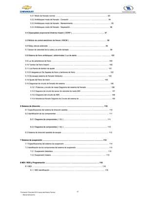 IV
Formación Chevrolet 2010 nueva vela Nueva Técnica
- Manual del alumno
5.3.1 Modo de frenado normal ............................................... .................................................. ... 93
5.3.1 Modo de frenado normal ............................................... .................................................. ... 93
5.3.2 Antibloqueo modo de frenado - Conexión ........................................... ................................. 94
5.3.2 Antibloqueo modo de frenado - Conexión ........................................... ................................. 94
5.3.3 Antibloqueo modo de frenado - Mantenimiento ........................................... .............................. 95
5.3.3 Antibloqueo modo de frenado - Mantenimiento ........................................... .............................. 95
5.3.4 Antibloqueo modo de frenado - Separación ........................................... ................................. 96
5.3.4 Antibloqueo modo de frenado - Separación ........................................... ................................. 96
5.4 Desacoplado proporcional dinámico trasero ( DDRP ) .................................................. ............ 97
5.4 Desacoplado proporcional dinámico trasero ( DDRP ) .................................................. ............ 97
5.4 Desacoplado proporcional dinámico trasero ( DDRP ) .................................................. ............ 97
5.4 Desacoplado proporcional dinámico trasero ( DDRP ) .................................................. ............ 97
5.4 Desacoplado proporcional dinámico trasero ( DDRP ) .................................................. ............ 97
5.4 Desacoplado proporcional dinámico trasero ( DDRP ) .................................................. ............ 97
5.4 Desacoplado proporcional dinámico trasero ( DDRP ) .................................................. ............ 97
5.5 Módulo de control electrónico de frenos ( EBCM ) .................................................. ....................... 99
5.5 Módulo de control electrónico de frenos ( EBCM ) .................................................. ....................... 99
5.5 Módulo de control electrónico de frenos ( EBCM ) .................................................. ....................... 99
5.5 Módulo de control electrónico de frenos ( EBCM ) .................................................. ....................... 99
5.5 Módulo de control electrónico de frenos ( EBCM ) .................................................. ....................... 99
5.5 Módulo de control electrónico de frenos ( EBCM ) .................................................. ....................... 99
5.5 Módulo de control electrónico de frenos ( EBCM ) .................................................. ....................... 99
5.6 Relay válvula solenoide ............................................... .................................................. ............. 99
5.6 Relay válvula solenoide ............................................... .................................................. ............. 99
5.7 Sensor de velocidad de la rueda y el anillo dentado ............................................ ..................................... 99
5.7 Sensor de velocidad de la rueda y el anillo dentado ............................................ ..................................... 99
5.8 Sistema de freno antibloqueo ( abdominales ) Luz de alerta ................................................ ................. 100
5.8 Sistema de freno antibloqueo ( abdominales ) Luz de alerta ................................................ ................. 100
5.8 Sistema de freno antibloqueo ( abdominales ) Luz de alerta ................................................ ................. 100
5.8 Sistema de freno antibloqueo ( abdominales ) Luz de alerta ................................................ ................. 100
5.8 Sistema de freno antibloqueo ( abdominales ) Luz de alerta ................................................ ................. 100
5.8 Sistema de freno antibloqueo ( abdominales ) Luz de alerta ................................................ ................. 100
5.9 Luz de advertencia de freno ............................................... .................................................. ............. 100
5.9 Luz de advertencia de freno ............................................... .................................................. ............. 100
5.10 Tambor de freno trasero ............................................... .................................................. ................. 100
5.10 Tambor de freno trasero ............................................... .................................................. ................. 100
5.11 Los frenos de tambor de ajuste ............................................... .................................................. ..... 101
5.11 Los frenos de tambor de ajuste ............................................... .................................................. ..... 101
5.12 El desgaste en De Zapatas de freno y tambores de freno ........................................ ........................... 102
5.12 El desgaste en De Zapatas de freno y tambores de freno ........................................ ........................... 102
5.13 De escape sistema de frenado hidráulico .............................................. ......................................... 102
5.13 De escape sistema de frenado hidráulico .............................................. ......................................... 102
5.14 Ajuste del freno de mano ............................................... .................................................. ....... 105
5.14 Ajuste del freno de mano ............................................... .................................................. ....... 105
5.15 Diagramas de circuito de frenado del sistema .............................................. ............................................ 106
5.15 Diagramas de circuito de frenado del sistema .............................................. ............................................ 106
5.15.1 Potencia y circuito de masa Diagrama del sistema de frenado .......................................... ..... 106
5.15.1 Potencia y circuito de masa Diagrama del sistema de frenado .......................................... ..... 106
5.15.2 Diagrama del circuito del sensor de velocidad de rueda ABS ............................................ ..................... 107
5.15.2 Diagrama del circuito del sensor de velocidad de rueda ABS ............................................ ..................... 107
5.15.3 Diagrama del circuito de ABS ............................................... .................................................. ... 108
5.15.3 Diagrama del circuito de ABS ............................................... .................................................. ... 108
5.15.4 Advertencia frenado Diagrama de Circuito del sistema de ............................................. ....................... 109
5.15.4 Advertencia frenado Diagrama de Circuito del sistema de ............................................. ....................... 109
6 Sistema de dirección .................................................. .................................................. ...................... 110
6 Sistema de dirección .................................................. .................................................. ...................... 110
6 Sistema de dirección .................................................. .................................................. ...................... 110
6.1 Especificaciones del sistema de dirección asistida .............................................. .................................... 110
6.1 Especificaciones del sistema de dirección asistida .............................................. .................................... 110
6.2 Identificación de los componentes ................................................ .................................................. .... 111
6.2 Identificación de los componentes ................................................ .................................................. .... 111
6.2.1 Diagrama de componentes ( 1.2L ) .................................................. .................................. 111
6.2.1 Diagrama de componentes ( 1.2L ) .................................................. .................................. 111
6.2.1 Diagrama de componentes ( 1.2L ) .................................................. .................................. 111
6.2.1 Diagrama de componentes ( 1.2L ) .................................................. .................................. 111
6.2.1 Diagrama de componentes ( 1.2L ) .................................................. .................................. 111
6.2.1 Diagrama de componentes ( 1.2L ) .................................................. .................................. 111
6.2.1 Diagrama de componentes ( 1.2L ) .................................................. .................................. 111
6.2.2 Diagrama de componentes ( 1.4L ) .................................................. .................................. 112
6.2.2 Diagrama de componentes ( 1.4L ) .................................................. .................................. 112
6.2.2 Diagrama de componentes ( 1.4L ) .................................................. .................................. 112
6.2.2 Diagrama de componentes ( 1.4L ) .................................................. .................................. 112
6.2.2 Diagrama de componentes ( 1.4L ) .................................................. .................................. 112
6.2.2 Diagrama de componentes ( 1.4L ) .................................................. .................................. 112
6.2.2 Diagrama de componentes ( 1.4L ) .................................................. .................................. 112
6.3 Sistema de dirección asistida de escape .............................................. ............................................. 112
6.3 Sistema de dirección asistida de escape .............................................. ............................................. 112
7 Sistema de suspensión .................................................. .................................................. ................ 114
7 Sistema de suspensión .................................................. .................................................. ................ 114
7 Sistema de suspensión .................................................. .................................................. ................ 114
7.1 Especificaciones del sistema de suspensión ............................................... ........................................ 114
7.1 Especificaciones del sistema de suspensión ............................................... ........................................ 114
7.2 Identificación de los componentes del sistema de suspensión ............................................. ..................... 114
7.2 Identificación de los componentes del sistema de suspensión ............................................. ..................... 114
7.2.1 Suspensión delantera ................................................ .................................................. ....... 114
7.2.1 Suspensión delantera ................................................ .................................................. ....... 114
7.2.2 Suspensión trasera ................................................ .................................................. ....... 115
7.2.2 Suspensión trasera ................................................ .................................................. ....... 115
8 MDI / RDS y Programación .................................................. .................................................. ... 116
8 MDI / RDS y Programación .................................................. .................................................. ... 116
8 MDI / RDS y Programación .................................................. .................................................. ... 116
8.1 MDI ................................................. .................................................. .................................... 116
8.1 MDI ................................................. .................................................. .................................... 116
8.1.1 MDI identificación ................................................ .................................................. ....... 116
8.1.1 MDI identificación ................................................ .................................................. ....... 116
 