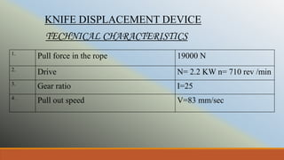1.
Pull force in the rope 19000 N
2.
Drive N= 2.2 KW n= 710 rev /min
3.
Gear ratio I=25
4.
Pull out speed V=83 mm/sec
KNIFE DISPLACEMENT DEVICE
TECHNICAL CHARACTERISTICS
 