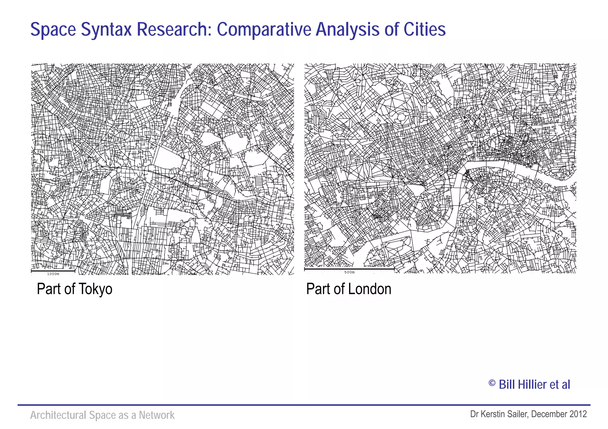Space Syntax Research: Comparative Analysis of Cities




   1000m                                 500m



 Part of Tokyo                     Part of London




                                                            © Bill Hillier et al

Architectural Space as a Network                        Dr Kerstin Sailer, December 2012
 