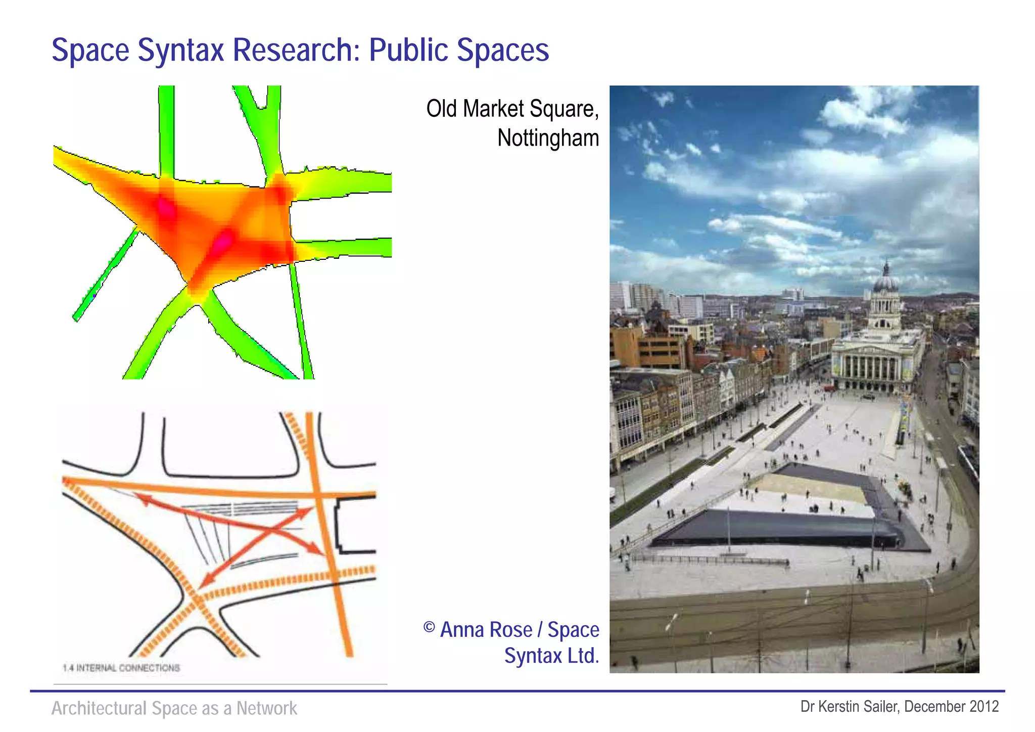 Space Syntax Research: Public Spaces
                                   Old Market Square,
                                          Nottingham




                                   © Anna Rose / Space
                                           Syntax Ltd.

Architectural Space as a Network                         Dr Kerstin Sailer, December 2012
 