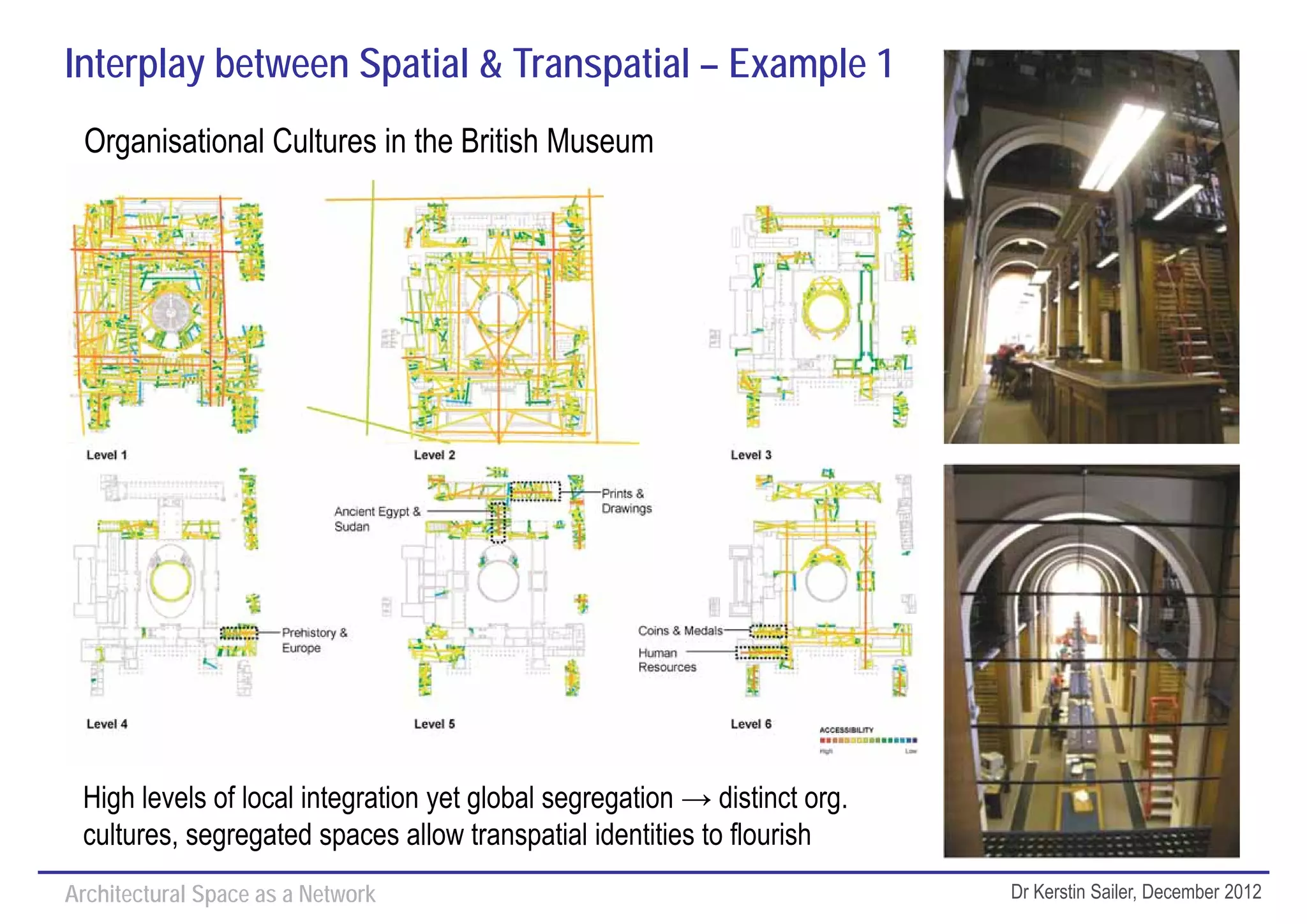 Interplay between Spatial & Transpatial – Example 1
 Organisational Cultures in the British Museum




 High levels of local integration yet global segregation → distinct org.
 cultures, segregated spaces allow transpatial identities to flourish
Architectural Space as a Network                                           Dr Kerstin Sailer, December 2012
 