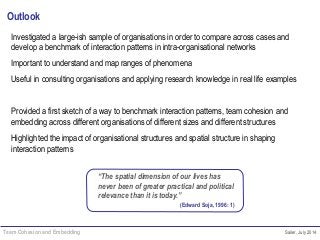 Team Cohesion and Embedding Sailer, July 2014
Outlook
Investigated a large-ish sample of organisations in order to compare across cases and
develop a benchmark of interaction patterns in intra-organisational networks
Important to understand and map ranges of phenomena
Useful in consulting organisations and applying research knowledge in real life examples
Provided a first sketch of a way to benchmark interaction patterns, team cohesion and
embedding across different organisations of different sizes and different structures
Highlighted the impact of organisational structures and spatial structure in shaping
interaction patterns
“The spatial dimension of our lives has
never been of greater practical and political
relevance than it is today.”
(Edward Soja, 1996: 1)
 