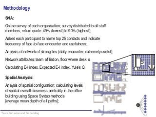Team Cohesion and Embedding Sailer, July 2014
Methodology
SNA:
Online survey of each organisation; survey distributed to all staff
members; return quote: 49% (lowest) to 90% (highest);
Asked each participant to name top 25 contacts and indicate
frequency of face-to-face encounter and usefulness;
Analysis of network of strong ties (daily encounter, extremely useful);
Network attributes: team affiliation, floor where desk is
Calculating E-I index, Expected E-I index, Yule’s Q
Spatial Analysis:
Anaysis of spatial configuration: calculating levels
of spatial overall closeness centrality in the office
building using Space Syntax methods
[average mean depth of all paths];
 