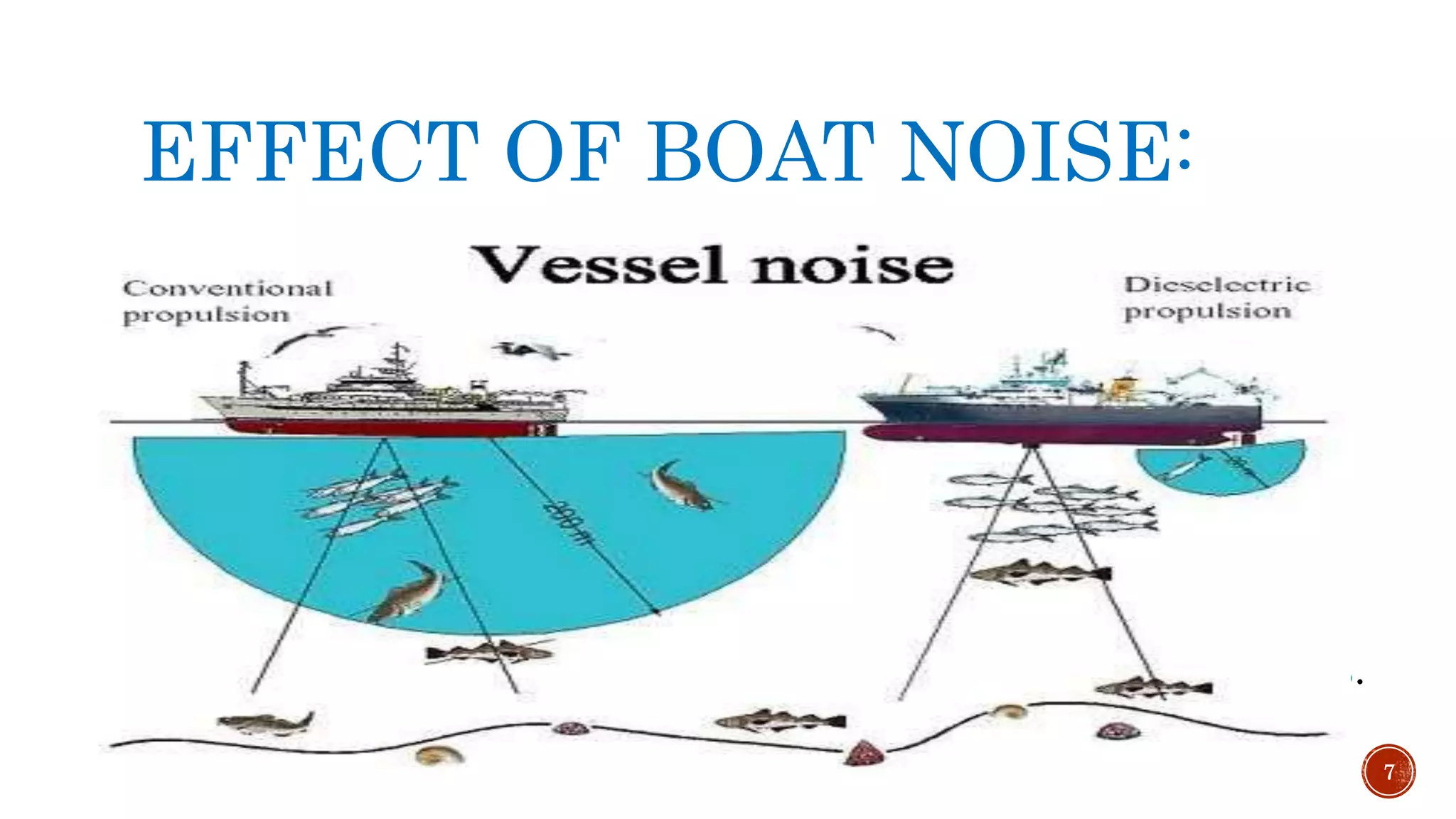 EFFECT OF BOAT NOISE:
Tuna changed swimming direction and increased their vertical
movement toward surface or bottom.
 The school behaviour of tuna exhibited an unconcentrated
structure and uncoordinated swimming behaviour.
Agonistic behaviour was more evident when exposed to sounds
from outboard motors of small boats.
An alteration in schooling behaviour due to boat noise can affect
the accuracy of their migration to spawning and feeding grounds.
7
 