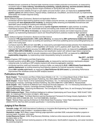 • Modeled domain constraints as Temporal state machines across multiple production environments, as measured by
successful rollout of dose ordering, manufacturing scheduling, capacity planning, and time-sensitive delivery
routing workflows, by designing decision-engine workflows on Spring Boot with async retries
• Maintained production reliability through on-call rotation and post-mortem culture, as measured by sustained CI/CD
pipeline uptime with GitHub Actions, ArgoCD GitOps, Grafana/Loki, CloudWatch, and Entra ID auth, by implementing
observability and incident response tooling
Southwest Airlines Jan 2023 - Jan 2024
Senior Software Engineer (Contractor), Backend and Application Platform Dallas, TX (Remote)
• Architected real-time flight-tracking pipelines across multiple consumer services, as measured by idempotent consumer
processing with zero duplicate-event incidents, by designing Kafka streaming and RabbitMQ microservices with
dead-letter queue handling for booking and notification routing
• Raised unit-test coverage to 95%, as measured by 3 junior engineers mentored on agile practices, by building
Flask/Django backend APIs with Java/Gradle services and leading code reviews with test-first methodology
• Cut on-call MTTR 73% (45 to 12 minutes), as measured by structured runbooks and incident response process
adoption, by implementing Elasticsearch search and TensorFlow/PyTorch predictive models for flight operations
Shell Jan 2021 - Nov 2022
Senior Software Engineer (Contractor), Backend and Data Science Houston, TX (Remote)
• Sustained 17M pageviews/month at 94% cache efficiency, as measured by 200+ performance bottlenecks cleared
across the service-oriented stack, by building and operating an API-driven publishing service and profiling/optimizing hot
paths in the routing layer
• Cut feature lead-time 30% and tech debt 32%, as measured by automated historical-data extraction from Databricks and
Azure, by deploying ML models on AWS SageMaker with Docker via ETL pipelines (ADF, Spark SQL, PySpark)
• Improved NLP text-classification accuracy from 86% to 94% for drilling-loss events, as measured by publication at SPE
ADIPEC 2022 (SPE-210986-MS), by developing a text-classification system with wildcard-regex feature engineering
• Built a CNN-autoencoder model for acoustic impedance and a Responsible-AI POC, as measured by LIME/SHAP
explainability integration, by implementing model interpretability tooling for production ML
Oracle Sep 2017 - Jul 2019
Software Engineer, ERP Analytics and Data Engineering Bangalore, India
• Boosted quarterly activity 20% across 13 business units, as measured by real-time decision dashboards adopted
enterprise-wide, by building an ERP analytics backend with streaming aggregation pipelines
• Architected real-time credit-card transaction routing on Kafka, as measured by ELK + AWS Kinesis fraud-detection
pipeline deployment, by building streaming fraud-detection pipelines for financial transaction monitoring
• Saved 600+ monthly work hours, as measured by Best Performer Q3 2018 award, by automating Performance
Improvement Plan workflows across the ERP analytics backend
Publications & Patent
Book Chapter: “The Evolution and Rise of State Space Models in AI,” Ch. 1 in A Case-Based Study of State Space
Models in Health Care, Cambridge Scholars Publishing, Dec 2025 (ISBN 9781036463335). ResearchGate
Book Chapter: “Future Trends in AI for Cyberbullying Preventions,” Ch. 7 in Harnessing Generative AI to Combat
Cyberbullying in Industry, Cambridge Scholars Publishing, Sep 2025 (ISBN 978-1-0364-5866-9). ResearchGate
Book Chapter: “Why Traditional AI Methods Fail in Advanced Anomaly Detection,” Ch. 4 in Harnessing Generative AI to
Combat Cyberbullying in Industry, Cambridge Scholars Publishing, Dec 2025
IEEE Conference Paper: “Advancing the Metaverse: The Convergence of Digital Twins, AI, and Emerging Technologies,”
IEEE ICoACT 2025. IEEE Xplore
IEEE Conference Paper: “Role of Artificial Intelligence to address Cyberbullying and Future Scope,” IEEE ICoACT 2023
(DOI: 10.1109/ICoACT57570.2023.10118947). IEEE Xplore
SPE Conference Paper: “Full-Stack Machine Learning Development Framework for Energy Industry Applications,” SPE
ADIPEC 2022 (SPE-210986-MS, DOI: 10.2118/210986-MS). OnePetro
Patent: “Modular Deep Learning Architecture for Multi-Modal Data Processing,” Indian Patent Application No.
202541010770, filed Feb 2025 (complete specification + inventorship declaration filed)
Judging & Peer Review
Scientific Judge: IIBT 2026 International Conference on Innovative Bio-Engineering and Technology, accepted as
scientific committee judge (invitation + acceptance letters on file)
Hackathon Judge: MLH (Major League Hacking) judge application submitted 2026; evaluated hackathon projects on
technical depth, innovation, and impact
Invited Resource Person: AI/ML Drug Discovery Workshop, invited as online resource person for AI/ML lecture series
(invitation letter on file)
Mentoring: Topmate technical mentoring sessions on ML infrastructure, GenAI platform engineering, and career transitions
for practicing engineers
 