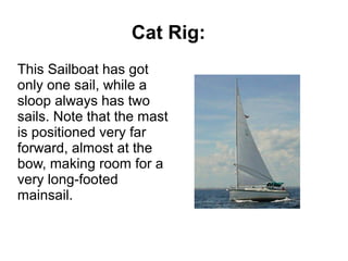 Cat Rig:
This Sailboat has got
only one sail, while a
sloop always has two
sails. Note that the mast
is positioned very far
forward, almost at the
bow, making room for a
very long-footed
mainsail.
 