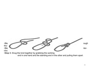 •Step 1: Make a counter-clockwise loop in the standing end. Pass the working end up through
the loop.
•Step 2: Pass the working end behind the standing end, and back down through the counter-
clockwise loop.
•Step 3: Snug the knot together by grabbing the working
end in one hand and the standing end in the other and pulling them apart.
36
 
