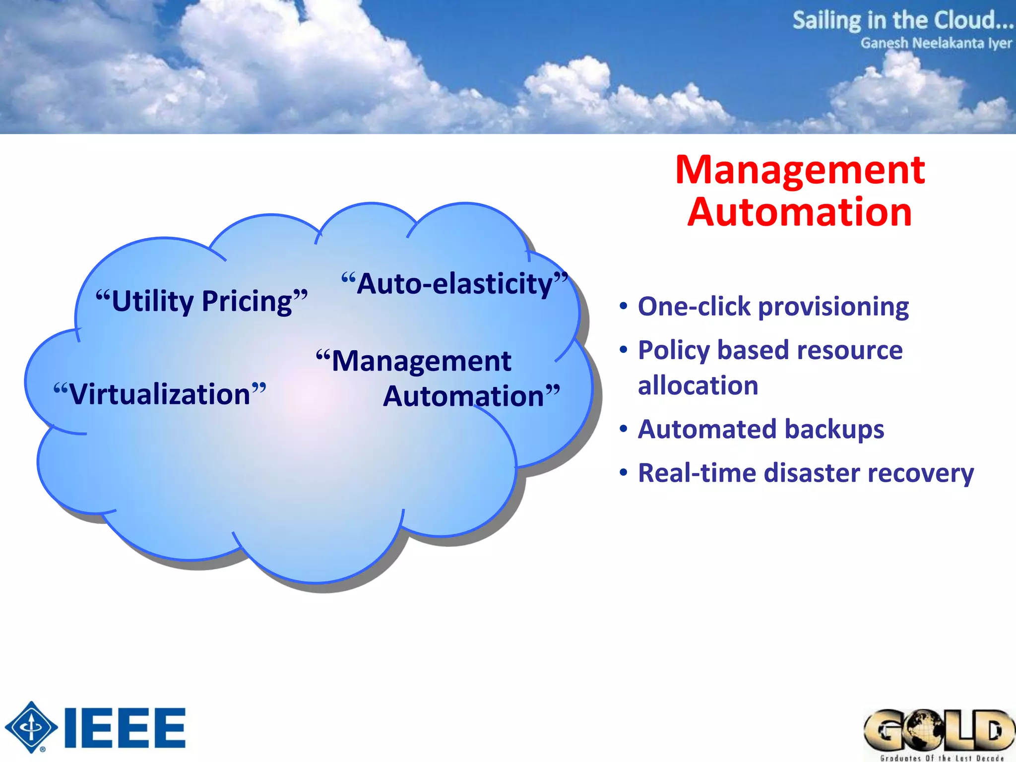 Management
                                                Automation
                        “Auto-elasticity”
   “Utility Pricing”                        • One-click provisioning
                       “Management          • Policy based resource
“Virtualization”          Automation”         allocation
                                            • Automated backups
                                            • Real-time disaster recovery
 