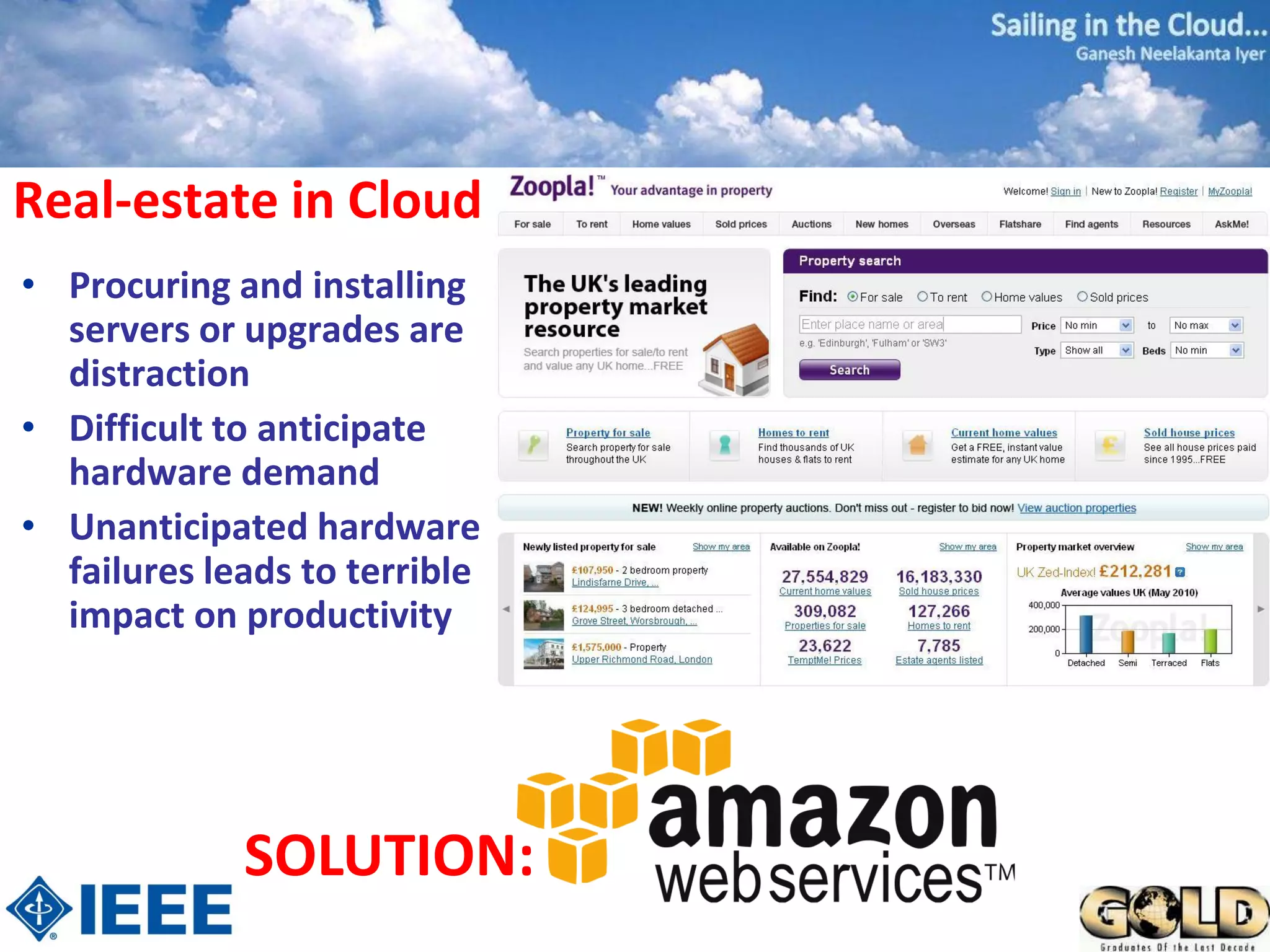 Real-estate in Cloud
• Procuring and installing
  servers or upgrades are
  distraction
• Difficult to anticipate
  hardware demand
• Unanticipated hardware
  failures leads to terrible
  impact on productivity




             SOLUTION:
 