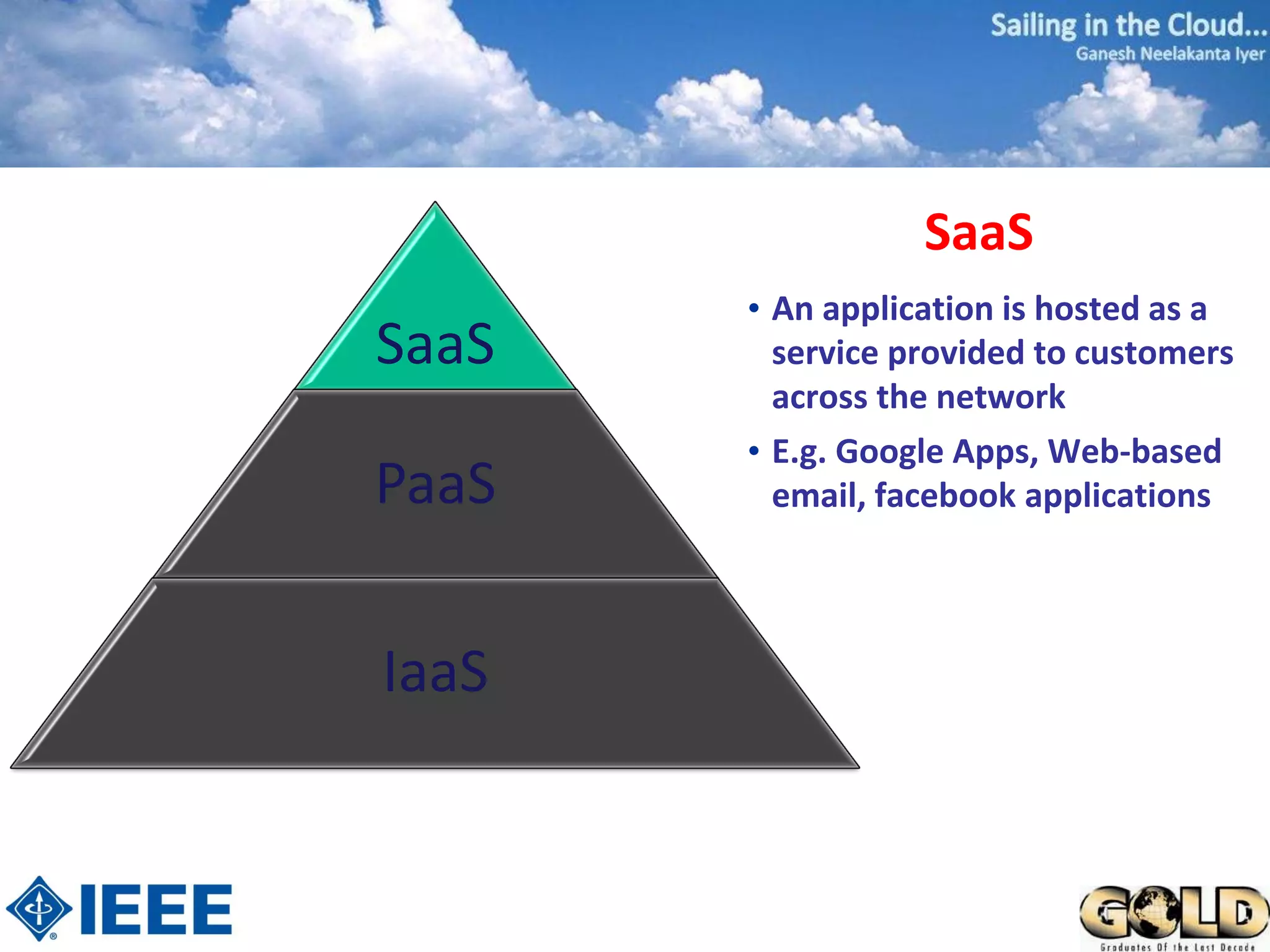 SaaS
       • An application is hosted as a
SaaS     service provided to customers
         across the network
       • E.g. Google Apps, Web-based
PaaS     email, facebook applications



IaaS
 