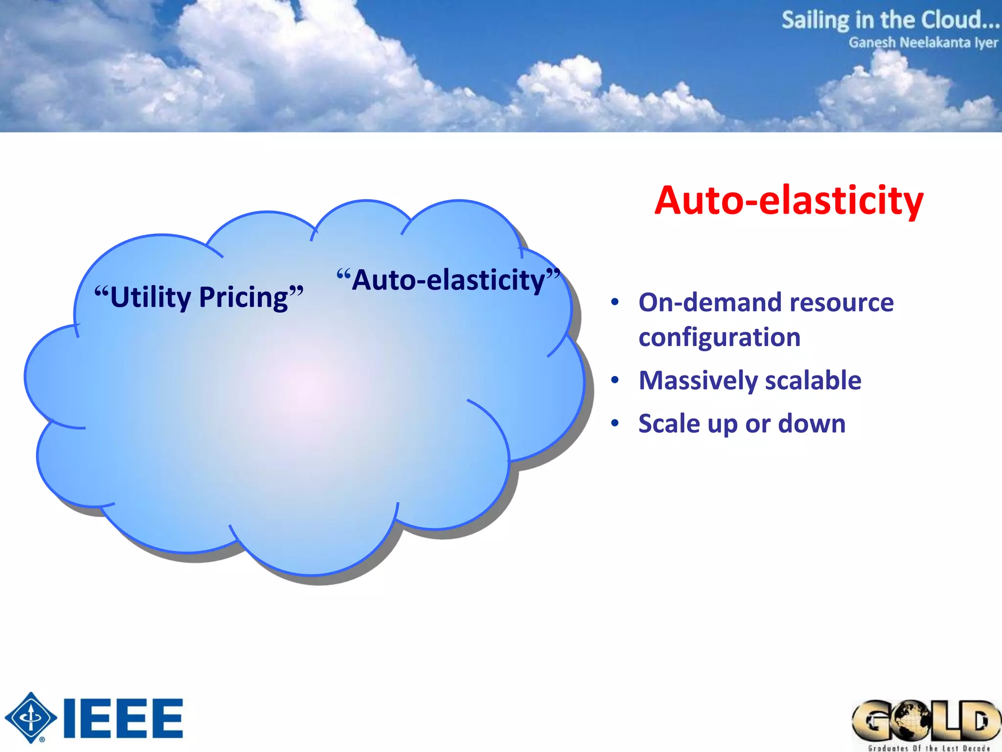 Auto-elasticity
                    “Auto-elasticity”
“Utility Pricing”                       • On-demand resource
                                          configuration
                                        • Massively scalable
                                        • Scale up or down
 