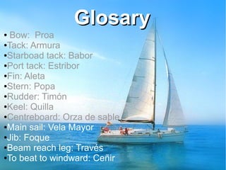 GlosaryGlosary
● Bow: Proa
●Tack: Armura
●Starboad tack: Babor
●Port tack: Estribor
●Fin: Aleta
●Stern: Popa
●Rudder: Timón
●Keel: Quilla
●Centreboard: Orza de sable
●Main sail: Vela Mayor
●Jib: Foque
●Beam reach leg: Través
●To beat to windward: Ceñir
 