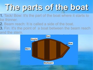 1. Tack/ Bow: It's the part of the boat where it starts to
be thinner.
2. Beam reach: It is called a side of the boat.
3. Fin: It's the point of a boat between the beam reach
and the stern.
The parts of the boatThe parts of the boat
 
