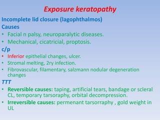 Exposure keratopathy
Incomplete lid closure (lagophthalmos)
Causes
• Facial n palsy, neuroparalytic diseases.
• Mechanical, cicatricial, proptosis.
c/p
• Inferior epithelial changes, ulcer.
• Stromal melting, 2ry infection.
• Fibrovascular, filamentary, salzmann nodular degeneration
changes
TTT
• Reversible causes: taping, artificial tears, bandage or scleral
CL, temporary tarsoraphy, orbital decompression.
• Irreversible causes: permenant tarsorraphy , gold weight in
UL
 