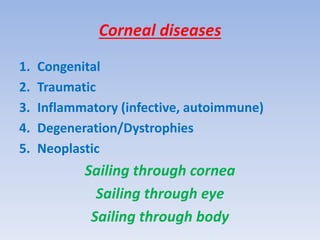 Corneal diseases
1. Congenital
2. Traumatic
3. Inflammatory (infective, autoimmune)
4. Degeneration/Dystrophies
5. Neoplastic
Sailing through cornea
Sailing through eye
Sailing through body
 