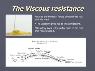 The Viscous resistance *Due to the frictional forces between the hull and the water *The viscosity gives rise to this component. *Boundary layer is the water close to the hull that moves with it. 