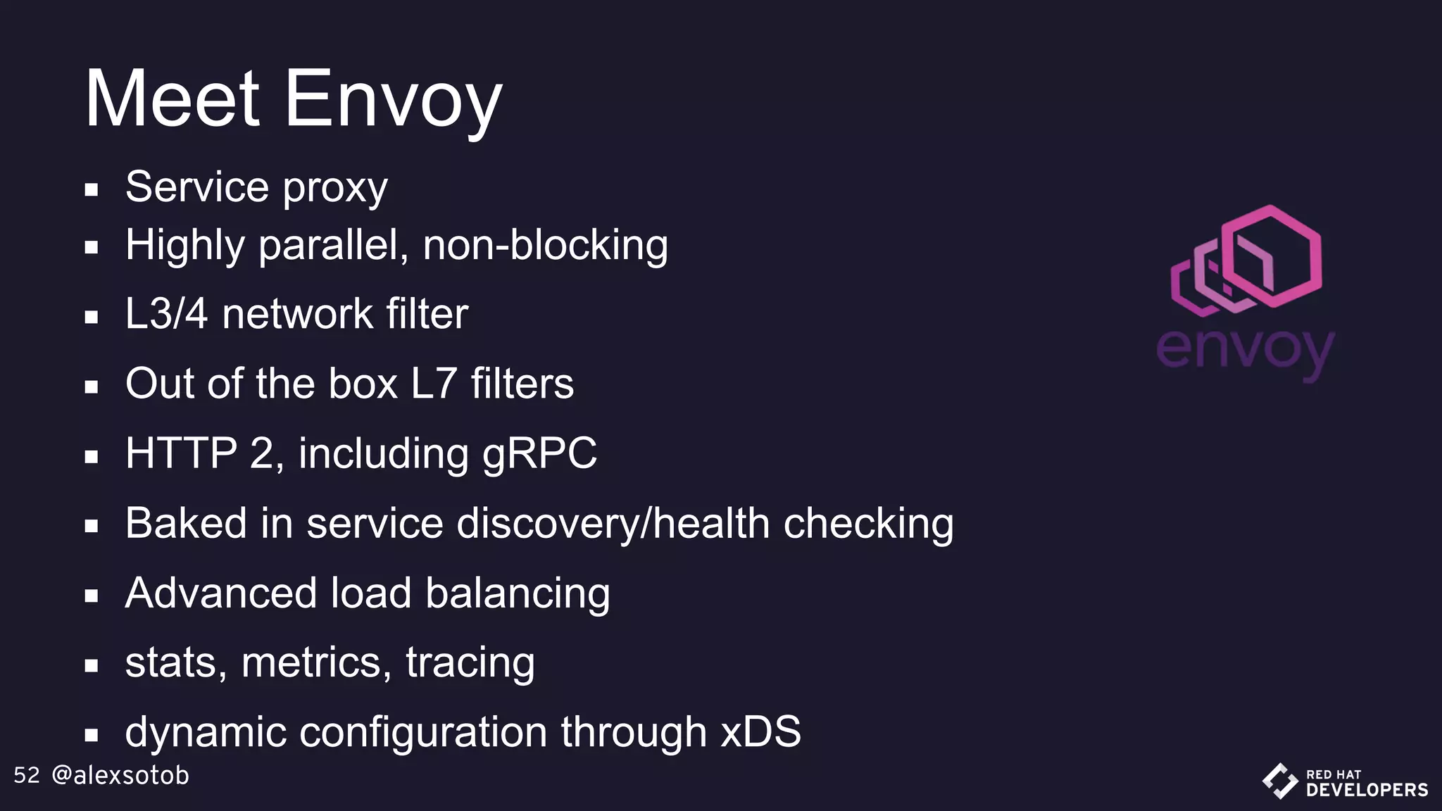 @alexsotob52
▪ Service proxy
▪ Highly parallel, non-blocking
▪ L3/4 network filter
▪ Out of the box L7 filters
▪ HTTP 2, including gRPC
▪ Baked in service discovery/health checking
▪ Advanced load balancing
▪ stats, metrics, tracing
▪ dynamic configuration through xDS
Meet Envoy
 