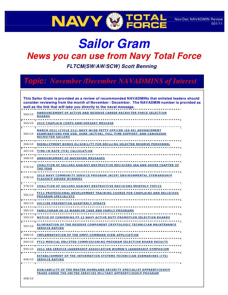 Sailor gram 001 11 nov dec navadmin review