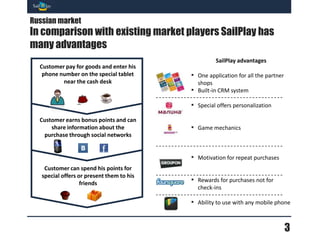 Российский рынок
По сравнению с существующими в России программами
SailPlay имеет ряд неоспоримых преимуществ
                                      Преимущества SailPlay
    Покупатель оплачивает товар и
       вводит номер на экране         ▪ Одно приложение для всех
 установленного в магазине планшета       магазинов-партнеров
                                      ▪   Встроенная CRM-система

                                      ▪ Уникальность предложений
                                          каждого из магазинов
   Покупатель зарабатывает очки и     ▪   Использование игровых механик
   может делиться информацией о
        покупке с друзьями


                                      ▪ Мотивирование пользователей на
                                          совершение повторных покупок
     Покупатель может потратить
   баллы на персонализированные
      предложения от магазинов
                                      ▪ Премирование пользователей за
                                          покупки, а не за посещения

                                      ▪ Доступность для владельца
                                          любого телефона


                                                                         3
 