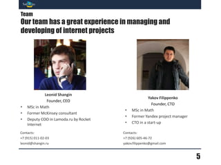 Команда
Наша команда имеет опыт управления и разработки
интернет-проектов




            Леонид Шангин                            Яков Филиппенко
            Основатель, CEO                           Основатель, CTO
•   Выпускник механико-                  •   Выпускник механико-
    математического факультета МГУ           математического факультета МГУ
•   Опыт работы в McKinsey               •   Опыт работы в Яндексе
•   Заместитель COO в Rocket Internet    •   CTO в LinguaLeo
Контакты:                               Контакты:
+7 (915) 011-02-03                      +7 (926) 605-46-72
leonid@shangin.ru                       yakov.filippenko@gmail.com


                                                                              5
 