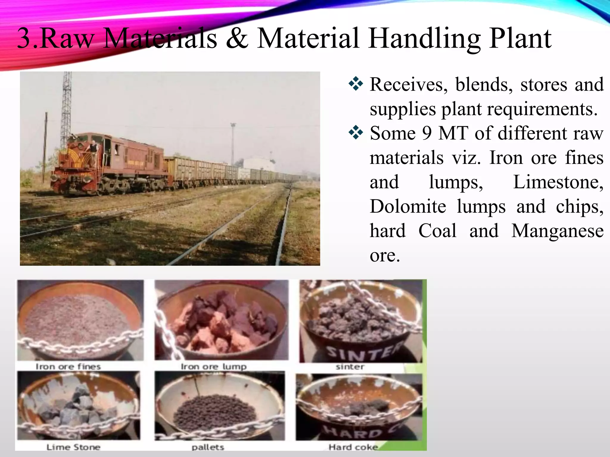  Receives, blends, stores and
supplies plant requirements.
 Some 9 MT of different raw
materials viz. Iron ore fines
and lumps, Limestone,
Dolomite lumps and chips,
hard Coal and Manganese
ore.
3.Raw Materials & Material Handling Plant
 
