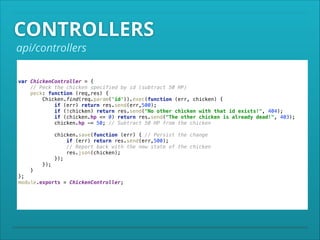 CONTROLLERS
api/controllers

var ChickenController = { 
// Peck the chicken specified by id (subtract 50 HP) 
peck: function (req,res) { 
Chicken.find(req.param('id')).exec(function (err, chicken) { 
if (err) return res.send(err,500); 
if (!chicken) return res.send("No other chicken with that id exists!", 404); 
if (chicken.hp <= 0) return res.send("The other chicken is already dead!", 403); 
chicken.hp -= 50; // Subtract 50 HP from the chicken 
 
chicken.save(function (err) { // Persist the change 
if (err) return res.send(err,500); 
// Report back with the new state of the chicken 
res.json(chicken); 
}); 
}); 
} 
}; 
module.exports = ChickenController;

 
