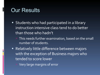 Our Results Students who had participated in a library instruction intensive class tend to do better than those who hadn’t This needs further examination, based on the small number of students. Relatively little difference between majors with the exception of Business majors who tended to score lower Very large margins of error 