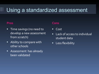 Using a standardized assessment Pros Cons Time savings (no need to develop a new assessment from scratch) Ability to compare with other schools Assessment  has already been validated Cost Lack of access to individual student data Less flexibility 